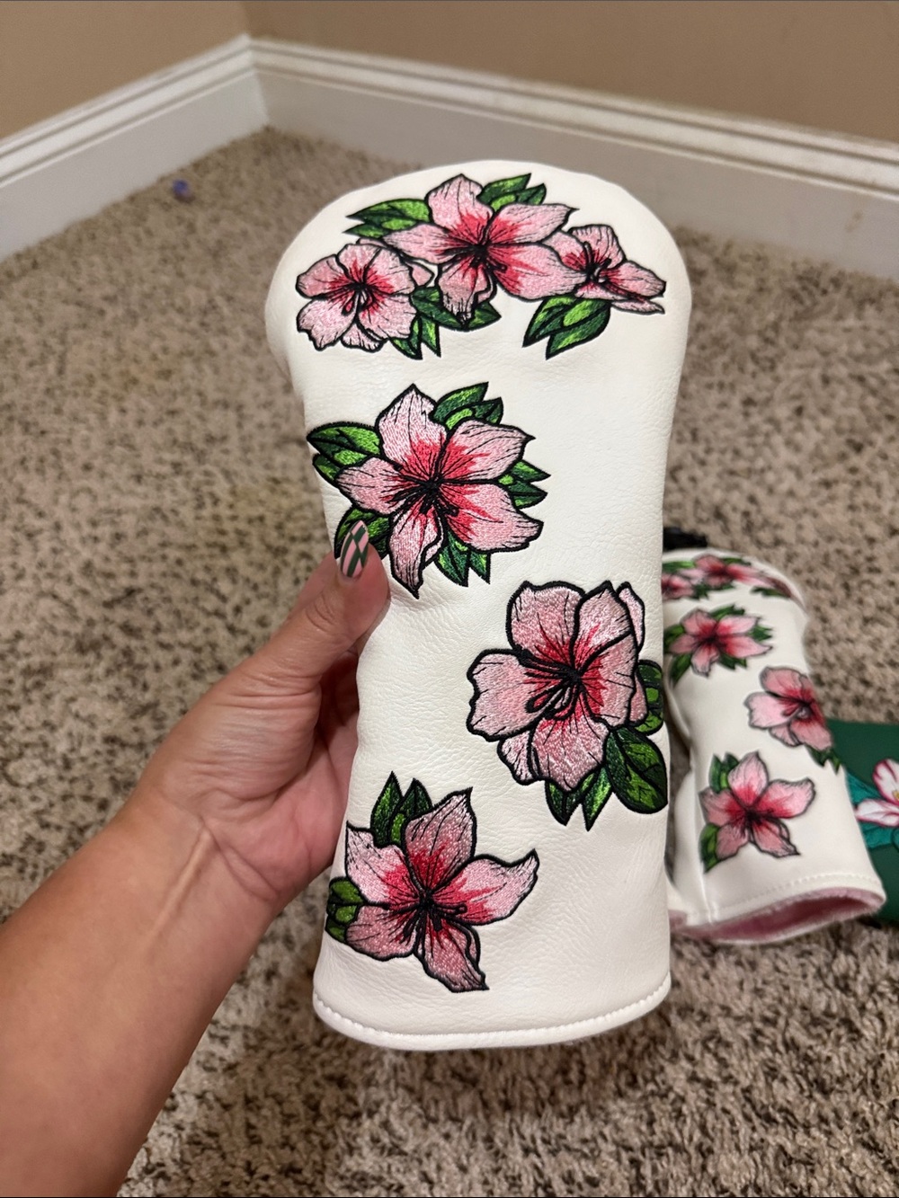 Floral Leather Golf Headcover Set with Pink Azaleas - Picture 2 of 8